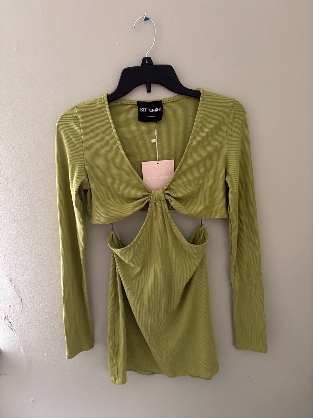 Kittenish Olive Green Long Sleeve Twist-Front Cutout Dress